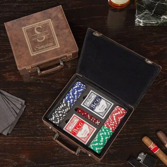 Poker set put away neatly inside custom leather case