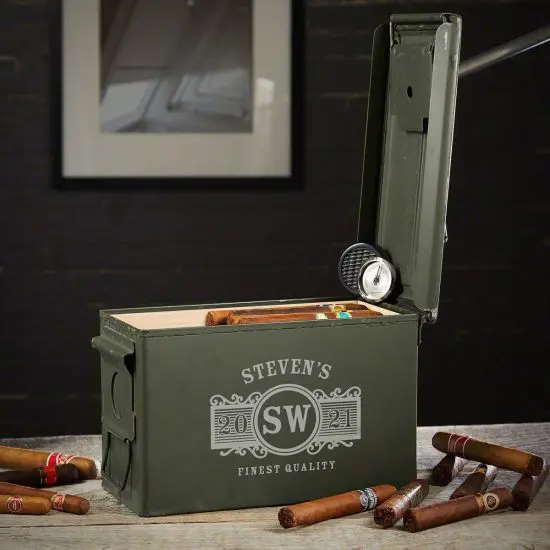 Custom ammo box humidor from the side full of cigars