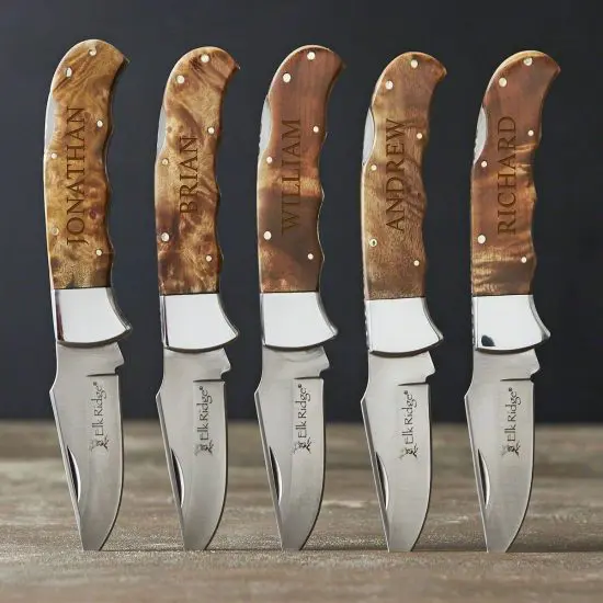 Set of five burl wood groomsmen knives