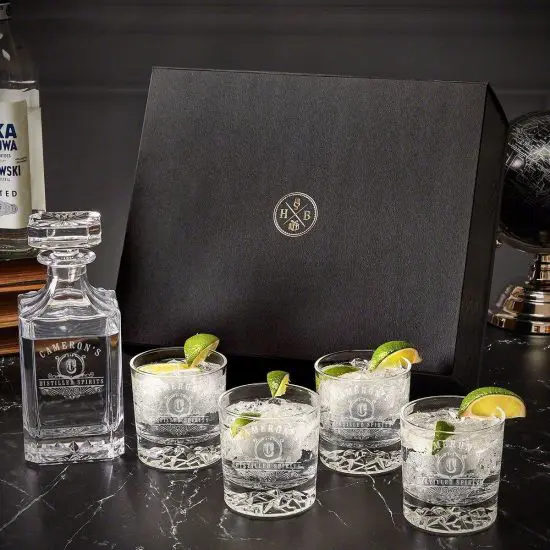 Custom vodka decanter set with four cocktail glasses