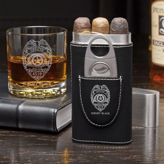 Custom cigar travel case and police officer whiskey glass