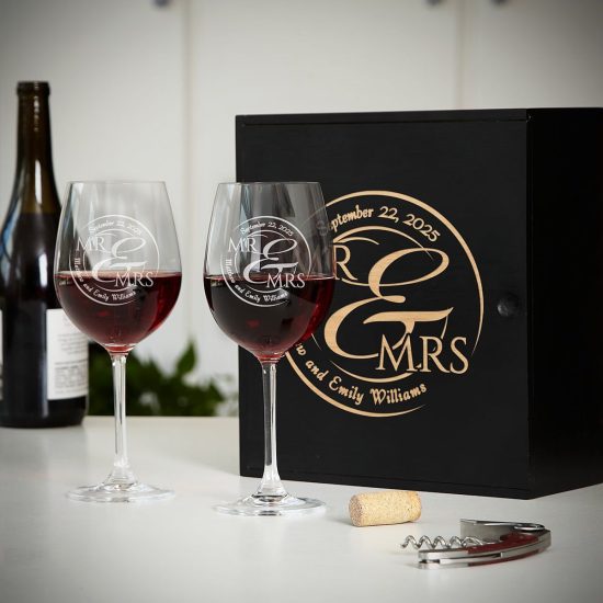 Custom Wine Gift Box with Engraved Wine Glasses as Wedding Gift for Groom