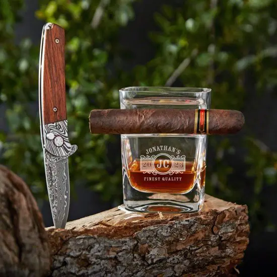Damascus Pocket Knife with Custom Whiskey Cigar Glass Gift Set