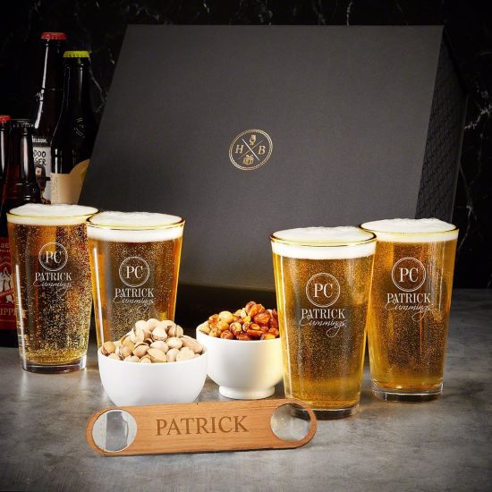 Engraved Pint Glasses & Snacks Luxury Box Set 
