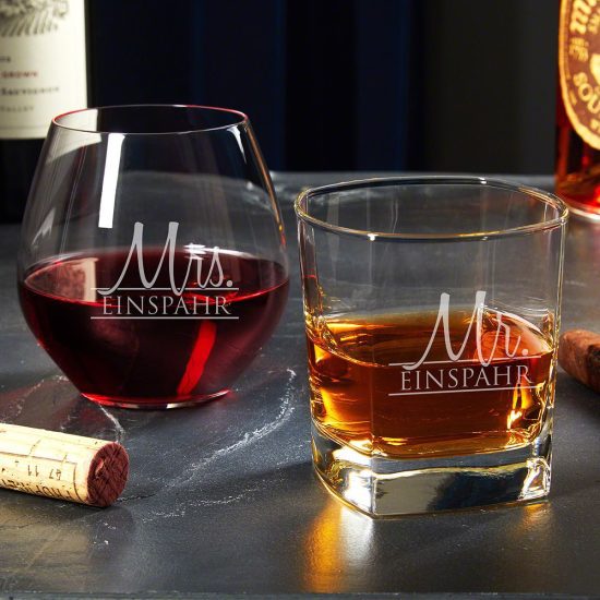 Engraved His and Her Gifts Whiskey & Wine Glass Set