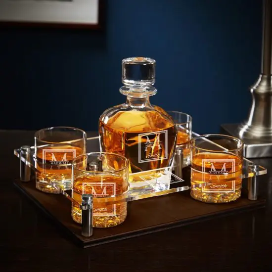 Monogrammed Presentation Set with Custom Rocks Glasses & Whiskey Decanter as Best Gifts for Scotch Lovers