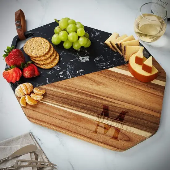Opulent Custom Charcuterie Board Gift - Large Black Marble and Acacia Wood Cheese Board as 5th Anniversary Gift