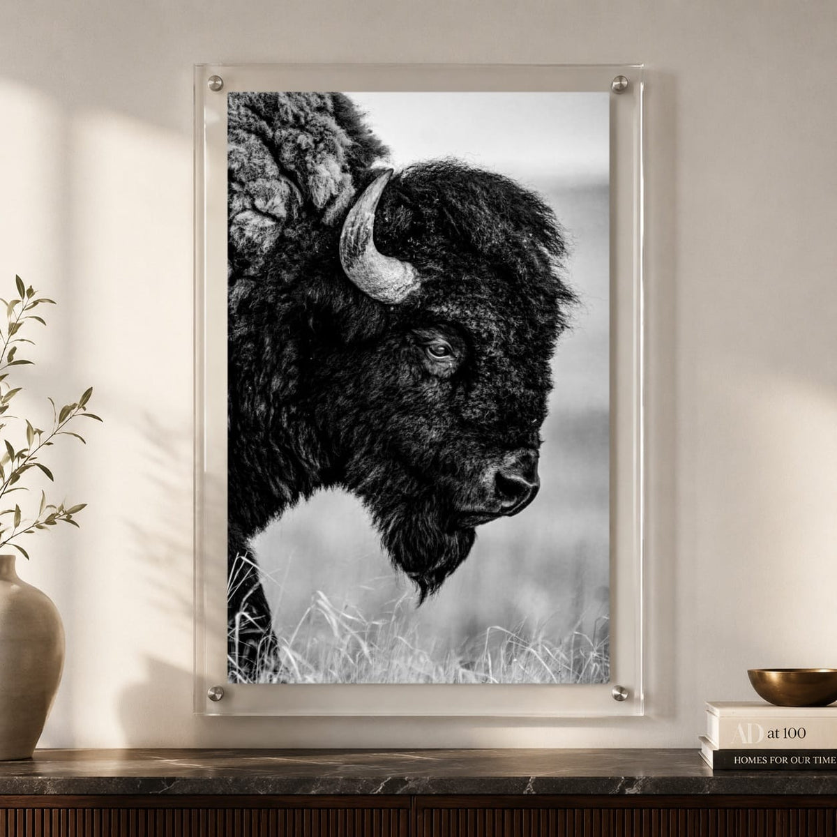 Rustic wildlife wall art featuring a bison in a grassy landscape