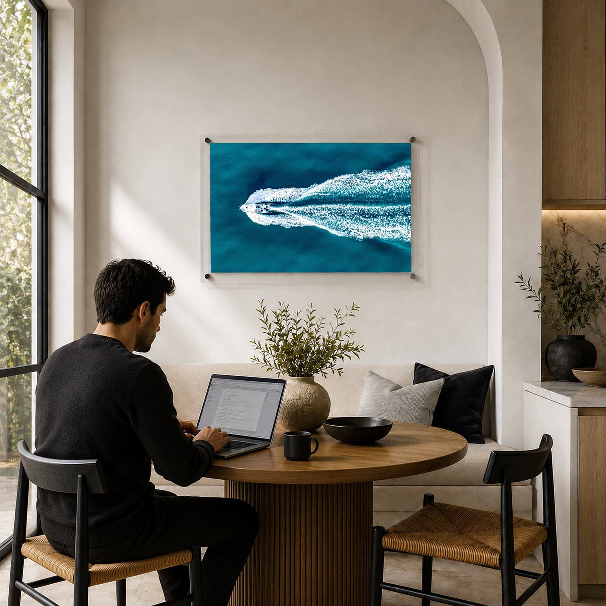 The Getaway coastal acrylic wall art featuring a boat on open water