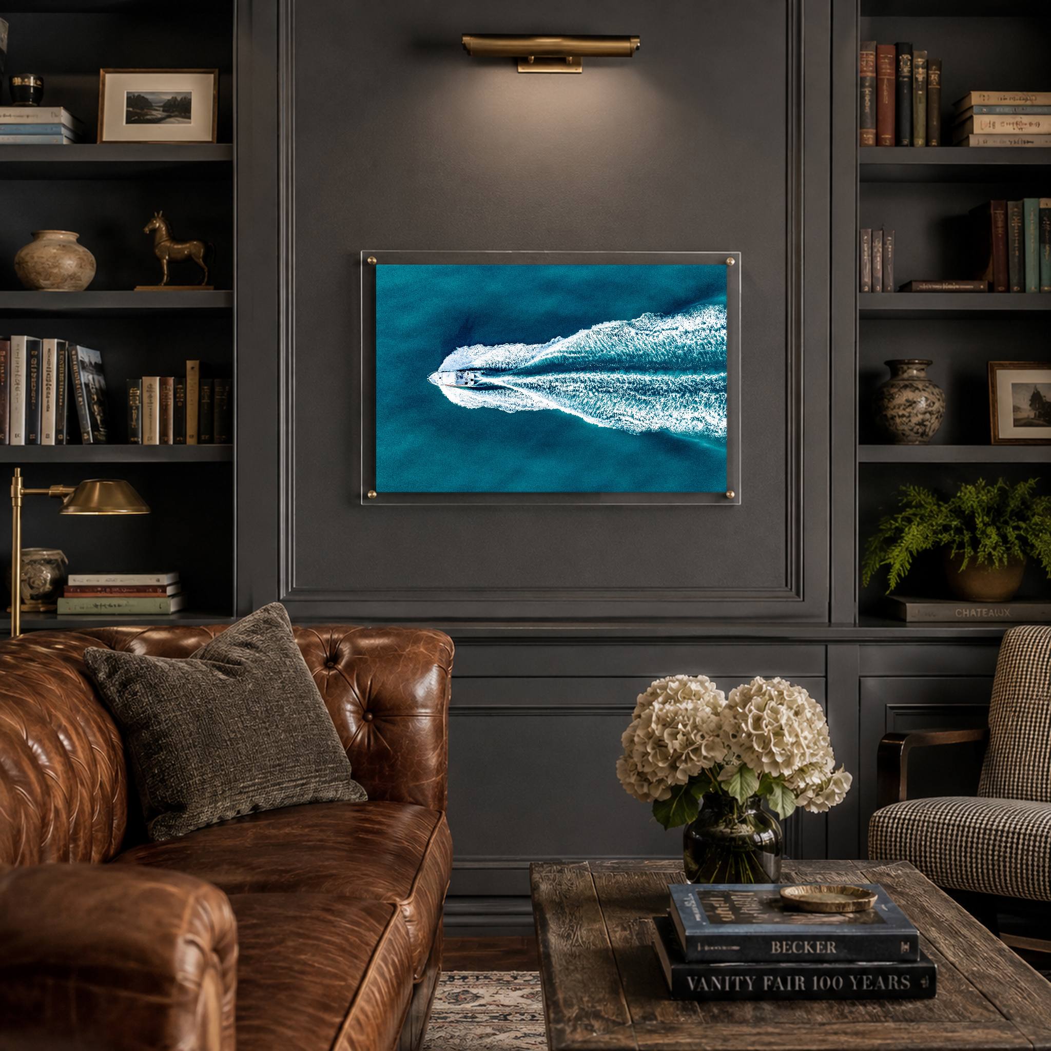 Nautical wall art featuring a speedboat cutting through blue water