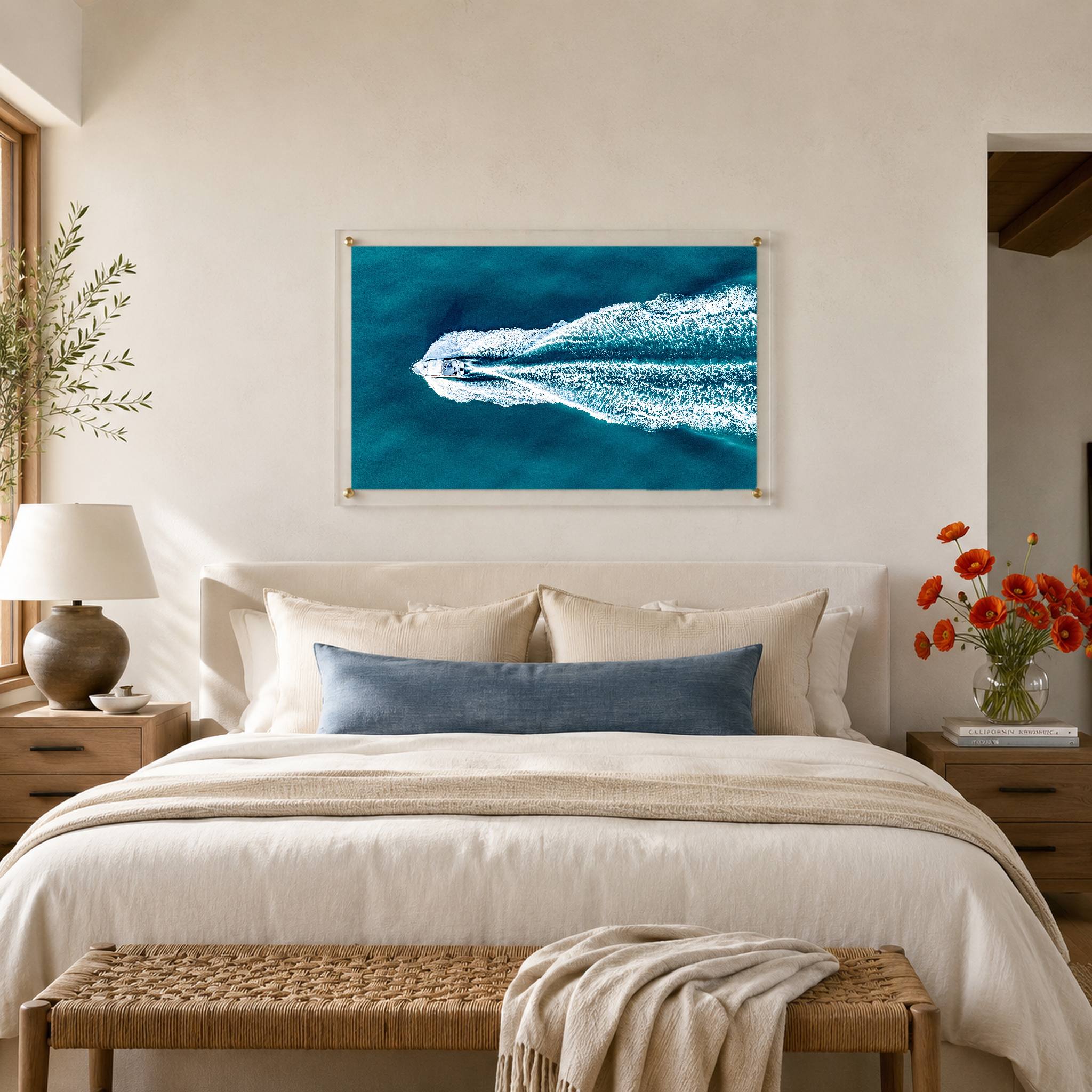 The Getaway boat wall art with white wake across turquoise water