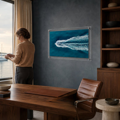 The Getaway Acrylic Wall Art Print displayed in a modern home office
