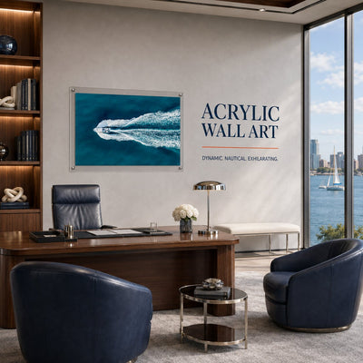 Horizontal acrylic wall art with aerial view of a speedboat and ocean wake