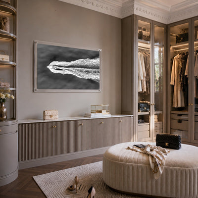 Black and white ocean wall art with speedboat and foamy wake