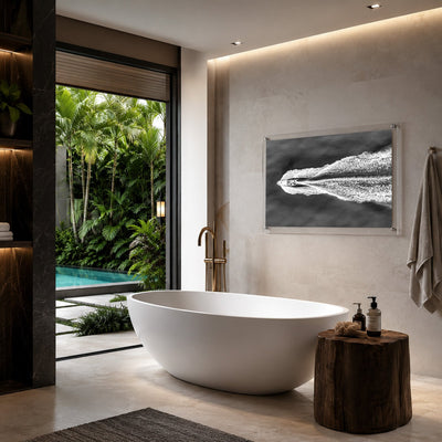 Black and white acrylic wall art featuring a boat and textured wake