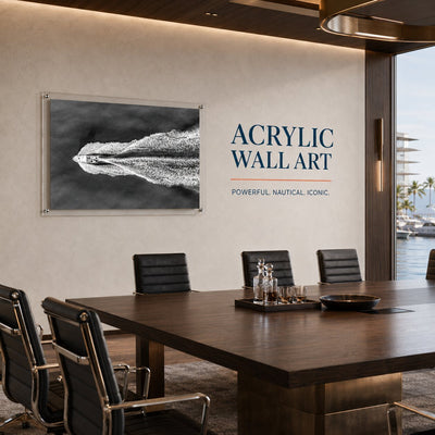 Black and white speedboat acrylic wall art with dramatic wake