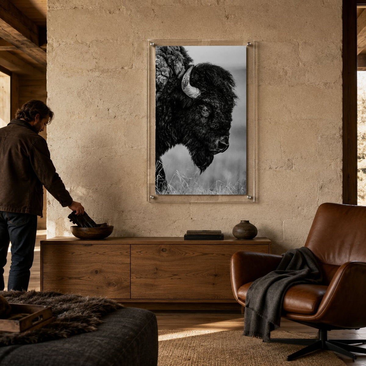 The Lookout Black & White Acrylic Wall Art Print displayed in a rustic modern living room