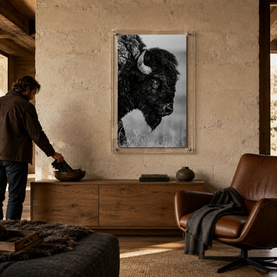 The Lookout Black & White Acrylic Wall Art Print displayed in a rustic modern living room