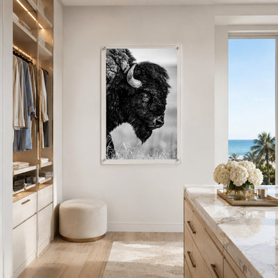 Vertical wildlife acrylic wall art with a detailed bison portrait
