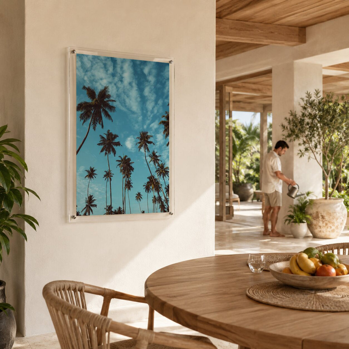 Palm Parade Acrylic Wall Art Print displayed in a tropical dining room