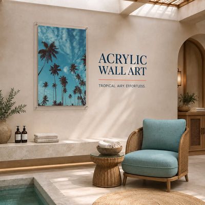Vertical acrylic wall art featuring palm trees and scattered clouds