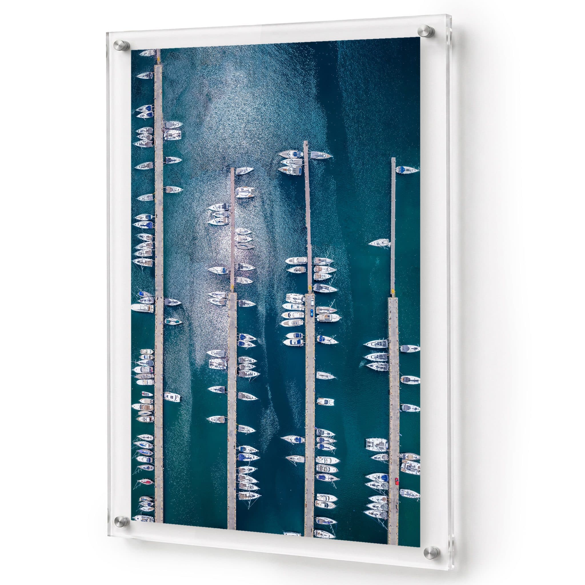 Boat Parking Only acrylic wall art featuring an aerial marina with docked boats