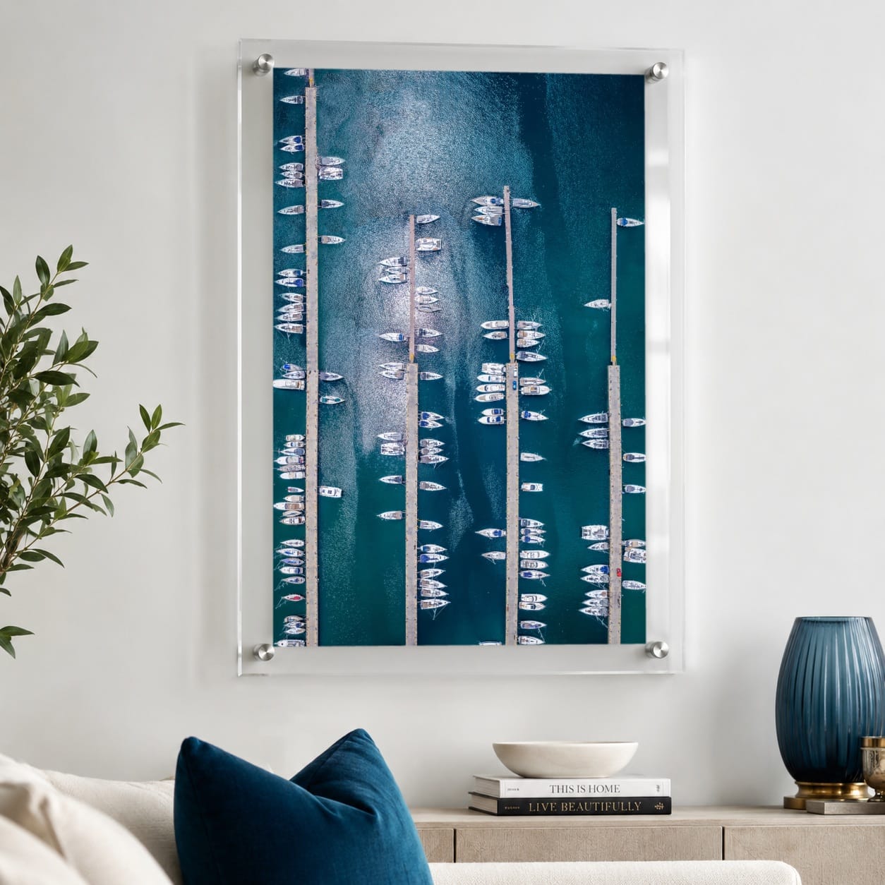 Vertical coastal wall art featuring a marina filled with boats