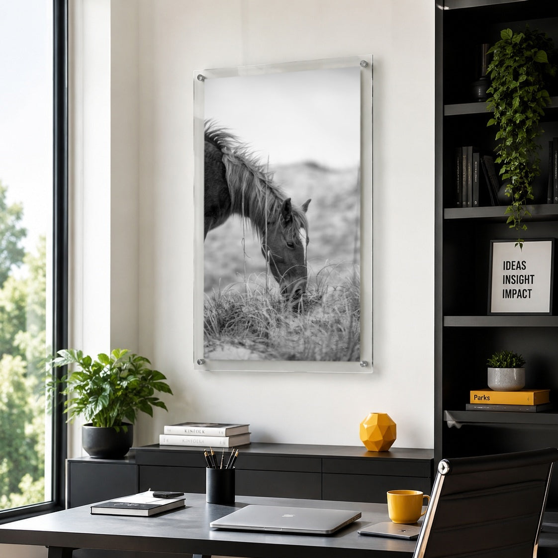 Vertical equestrian wall art with a grazing horse