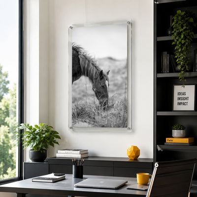 Vertical equestrian wall art with a grazing horse