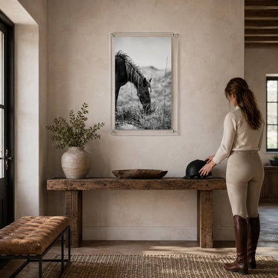 Hay There Black & White Acrylic Wall Art Print displayed in an equestrian inspired entryway