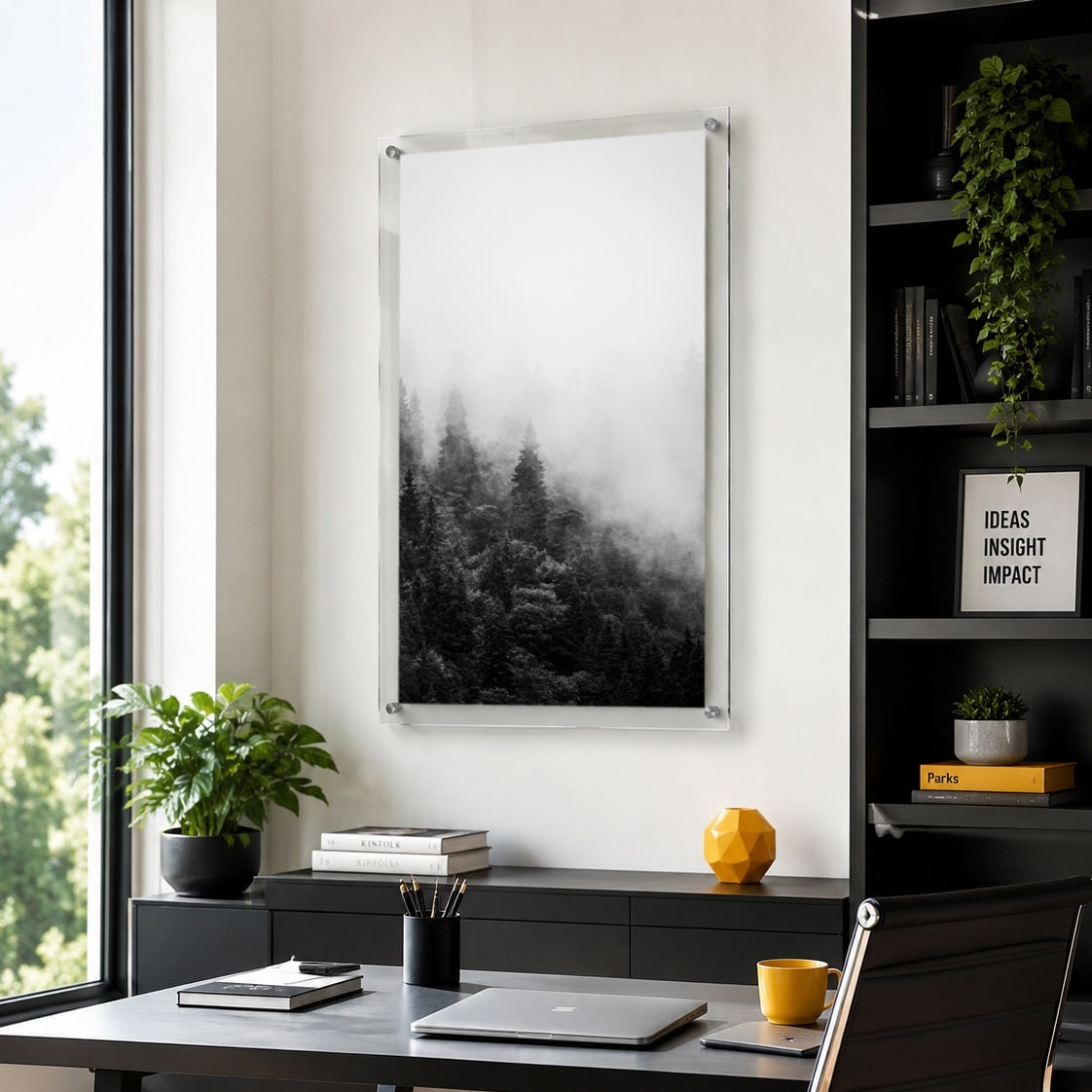 Black and white landscape wall art featuring a peaceful misty forest