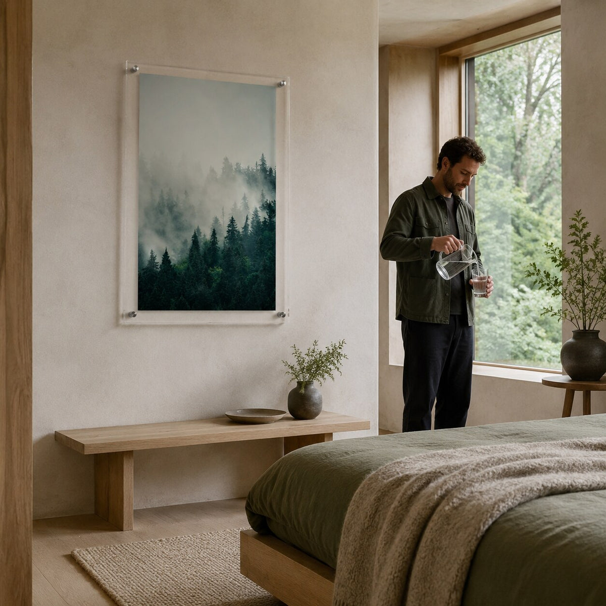 Pine & Seek wall art featuring foggy evergreen trees above a wood bench in a modern bedroom