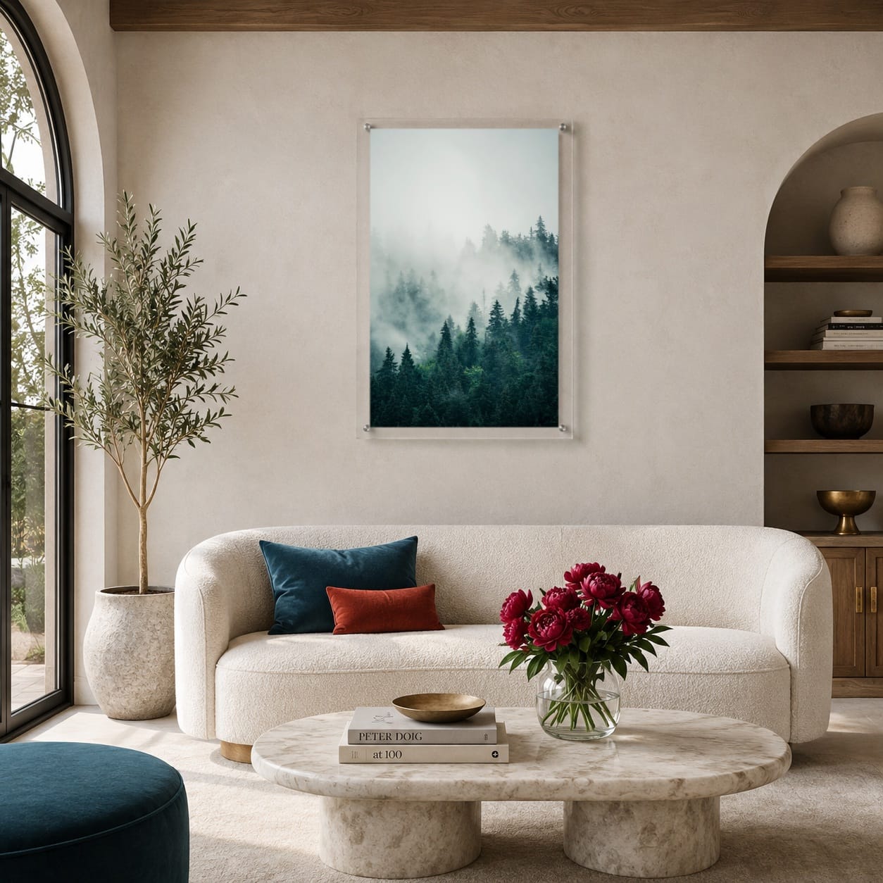 Forest landscape acrylic wall art featuring misty conifer trees