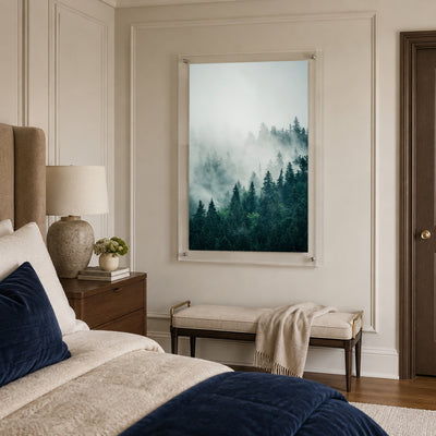 Pine forest wall art featuring dense trees fading into fog
