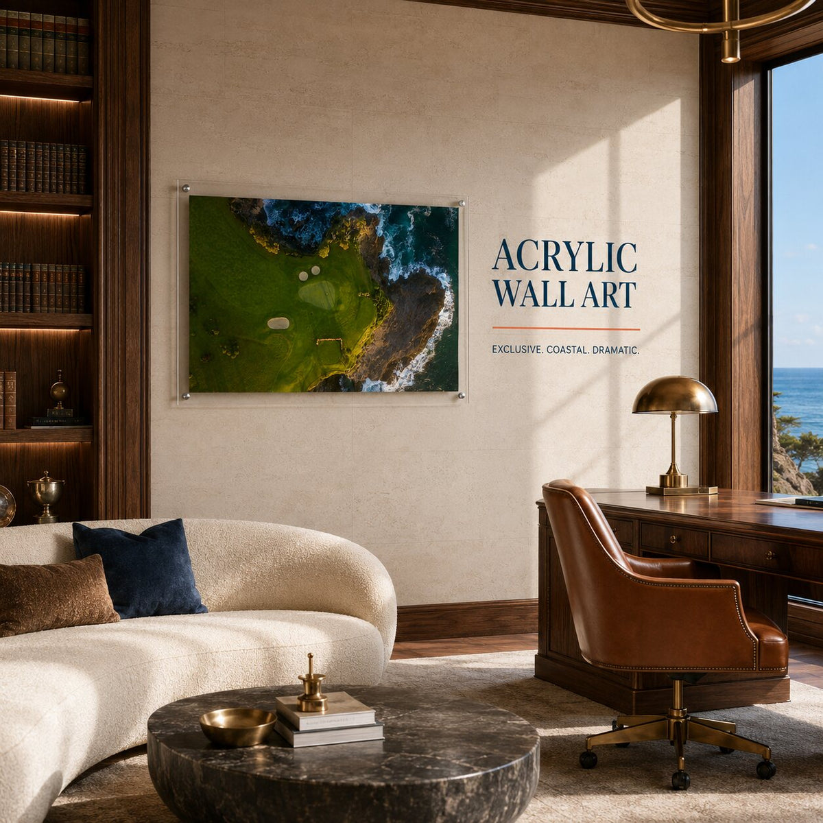 coastal hazard acrylic wall art hanging in office space with text next to it on wall