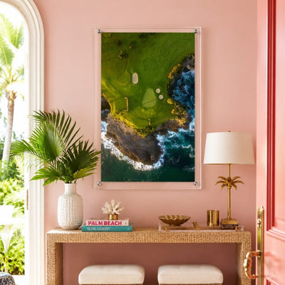coastal hazard acrylic wall art print hanging in breezeway space
