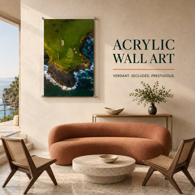 coastal hazard acrylic wall art print hangin in living room with text