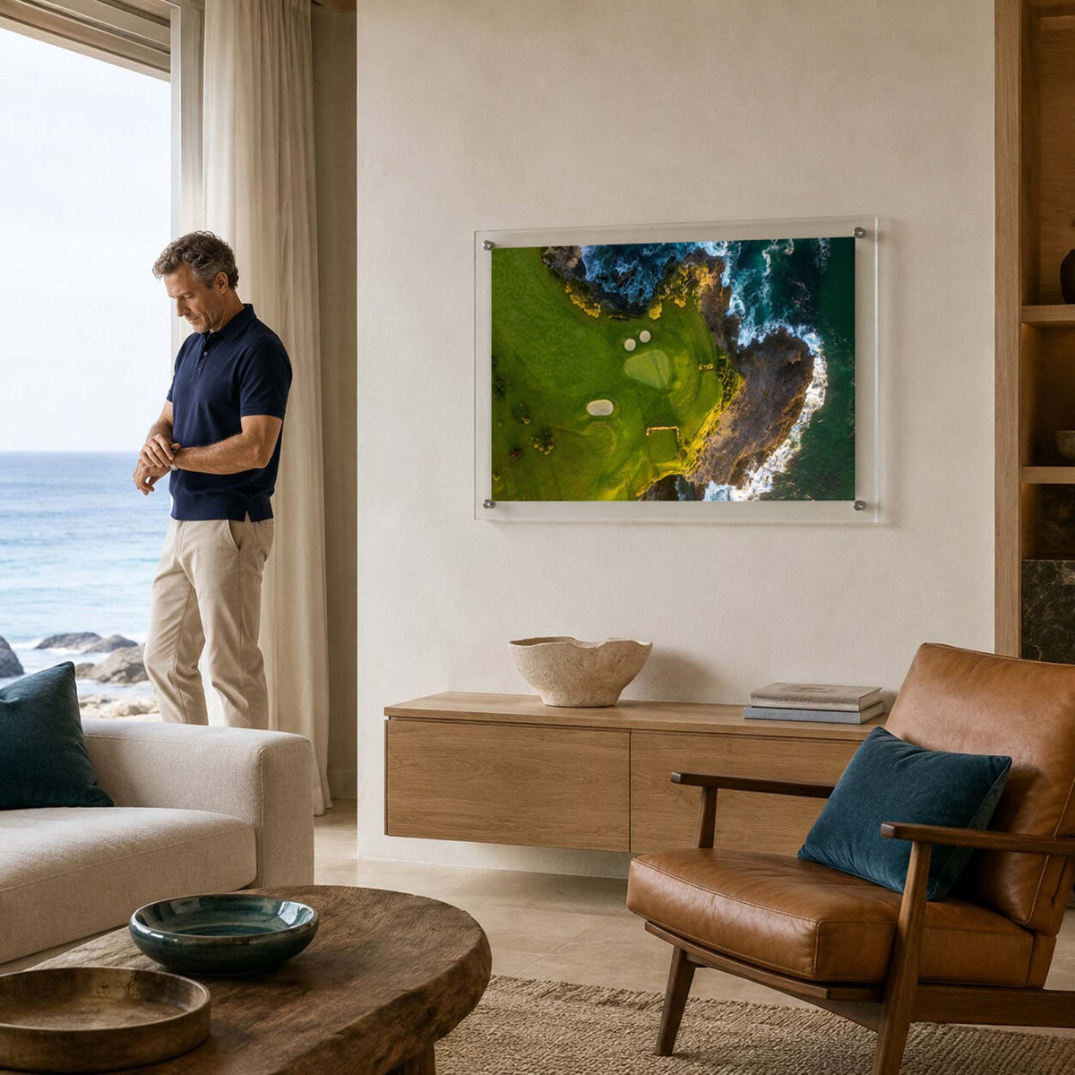 coastal hazard acrylic wall art hanging in living space with man standing next to it