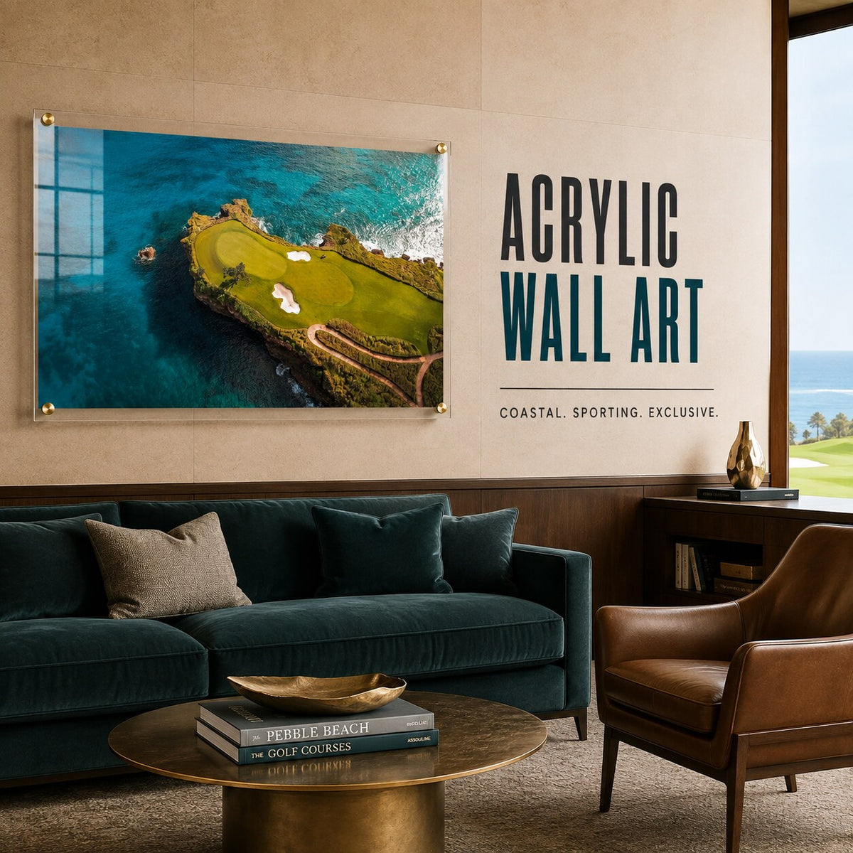 Coastal golf course acrylic wall art with turquoise ocean views