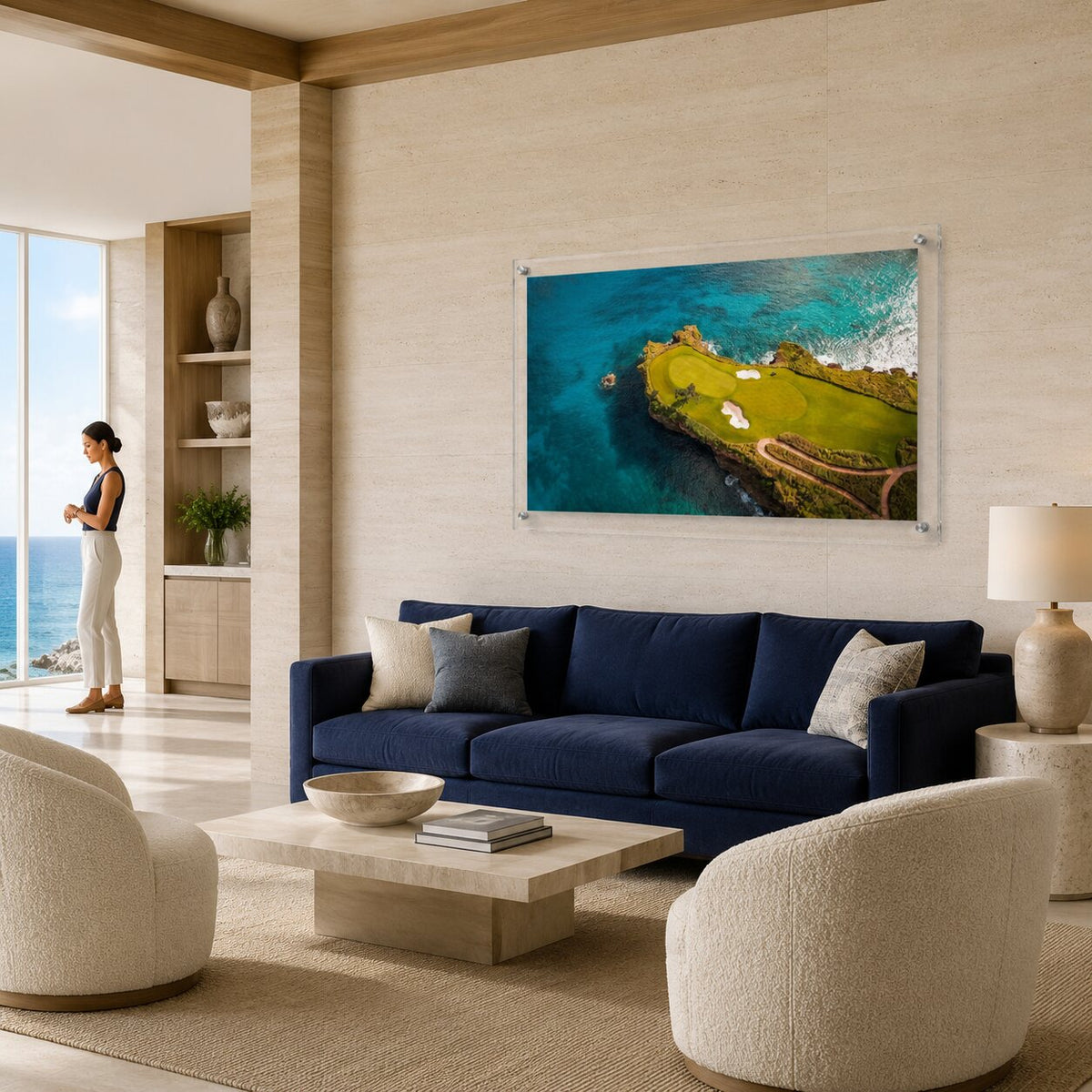 The Floating Fairway wall art featuring an oceanfront golf course in a luxury living room
