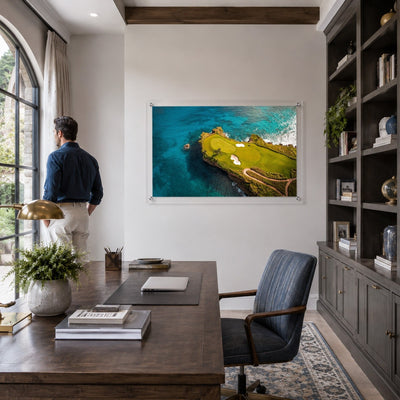 Coastal golf wall art featuring a cliffside course and blue ocean