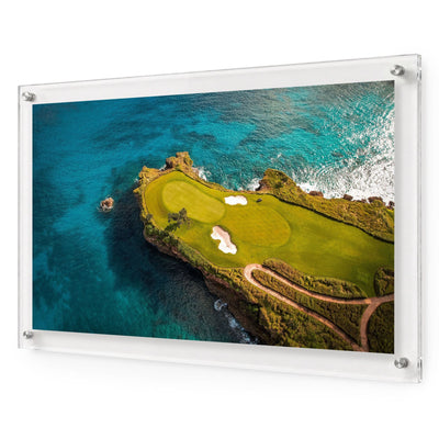 The Floating Fairway acrylic wall art featuring an oceanfront golf course