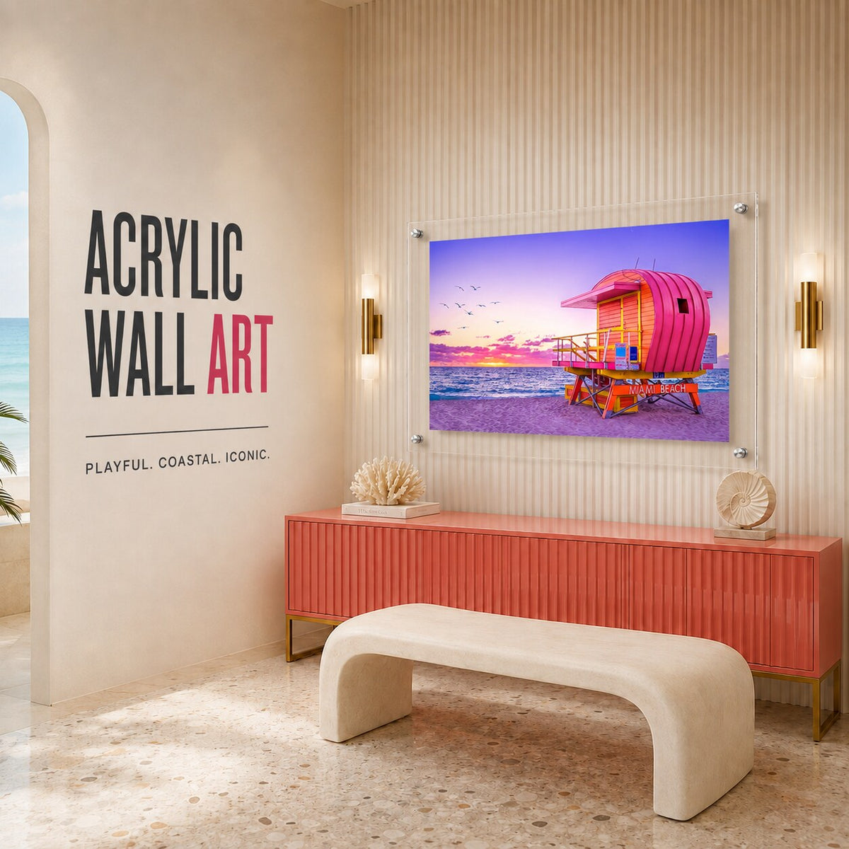 Pink Miami Beach lifeguard tower acrylic wall art with ocean sunset