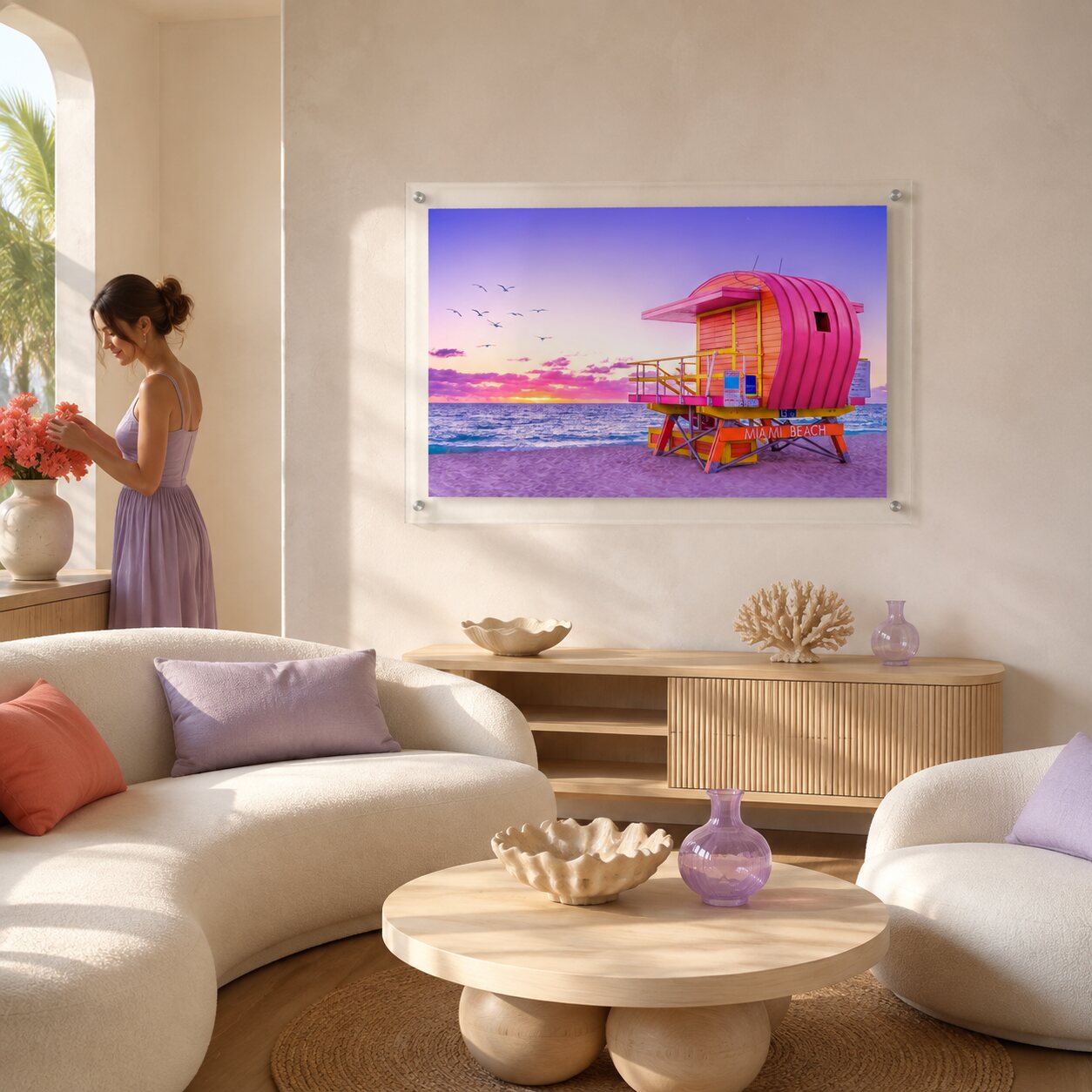 Pink Patrol Acrylic Wall Art Print displayed in a bright modern living room