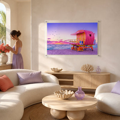 Pink Patrol Acrylic Wall Art Print displayed in a bright modern living room