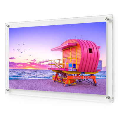Pink Patrol acrylic wall art featuring a pink Miami Beach lifeguard tower at sunset