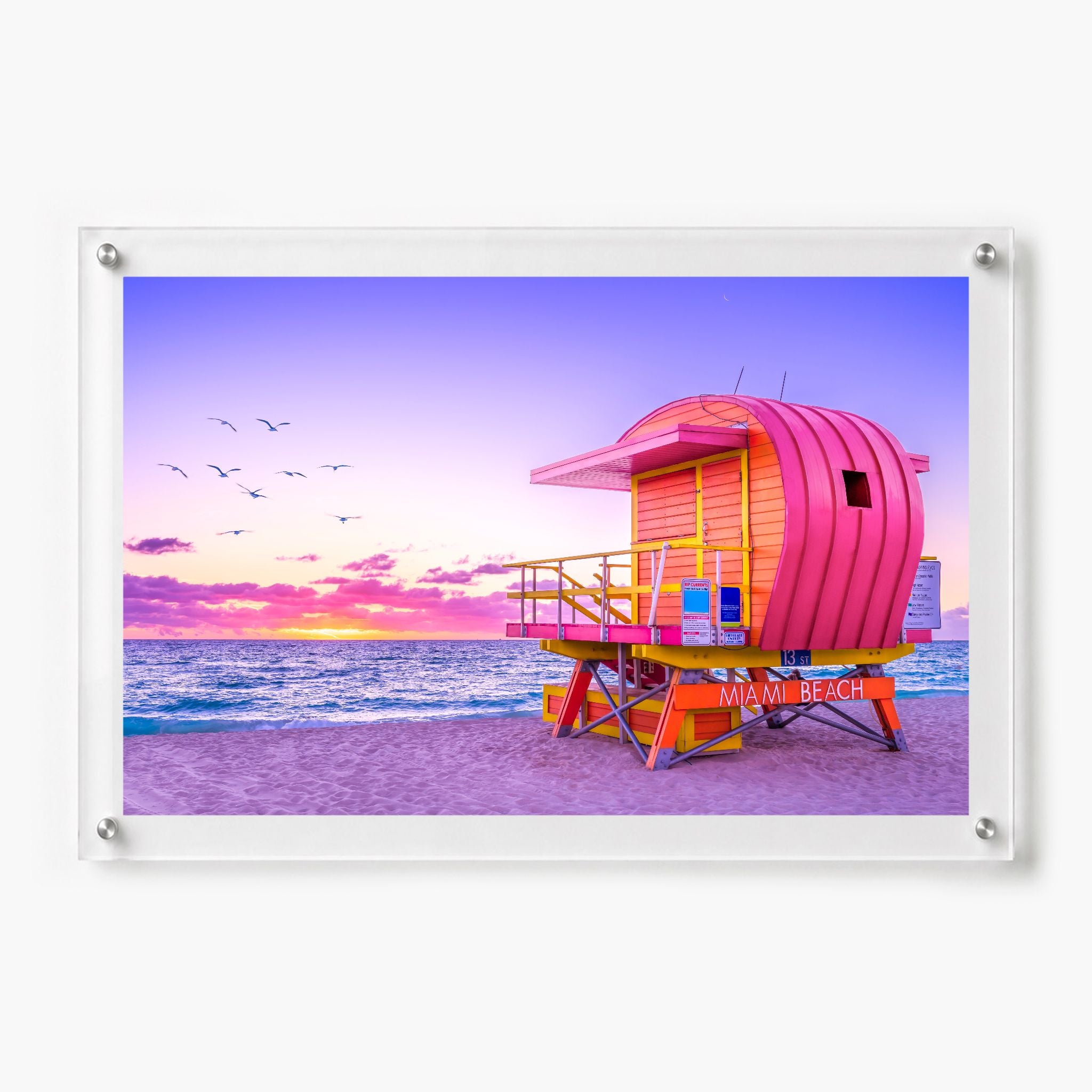 Pink Patrol beach wall art with bright coastal photography
