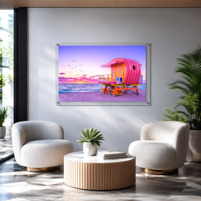 Pink Patrol acrylic wall art with ocean, sunset, and birds