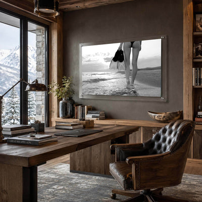 fins first black and white acrylic wall art in office scene