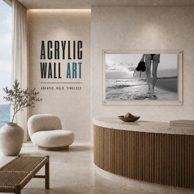 fins first black and white acrylic wall art living space scene
